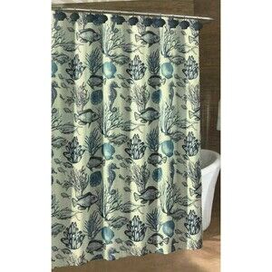Caribbean Joe Deep Sea Seahorse Coastal Fabric Shower Curtain and 12 Shell Hooks